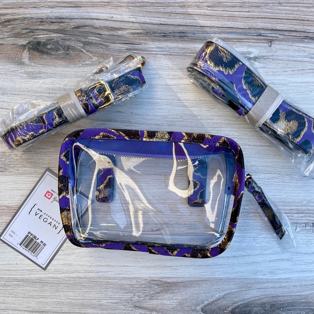 NWT - Clear Convertible Belt Bag & Crossbody - Purple Metallic trim